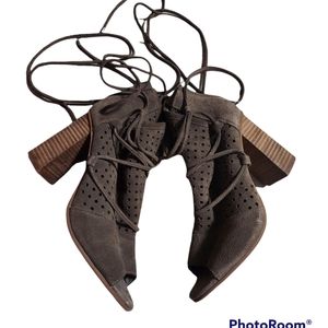 Western Leather Ankle Boots 8 Tan Kalio Wrap Lace Peep Toe Perforated Festival